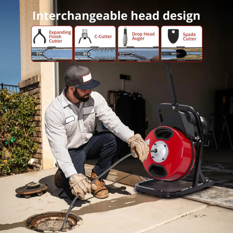 Beast Mode Auto Feed Drain Cleaner Machine With Durable Steel Sewer Snake Auger Featuring High Torque Motor For Gnarly Sink Clogs and Snappy Pipe Clearing Routine, man operating unit.