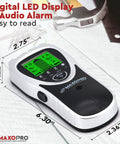 5 In 1 Stud Finder Wall Scanner With Center Beam Locator, LED display, dimensions, on a table with tools nearby.