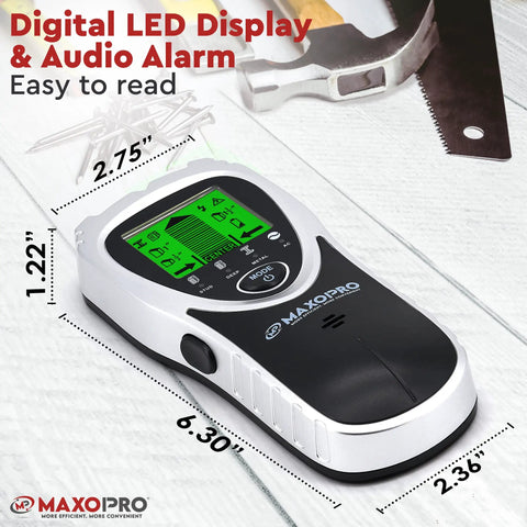 5 In 1 Stud Finder Wall Scanner With Center Beam Locator, LED display, dimensions, on a table with tools nearby.