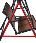 Close-up of triangular stand and frame of Three Seat Outdoor Porch Swing With Adjustable Canopy, Armrests And Included Stand