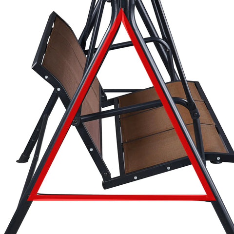 Close-up of triangular stand and frame of Three Seat Outdoor Porch Swing With Adjustable Canopy, Armrests And Included Stand