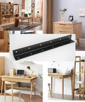 Heavy Duty Stainless Steel L Bracket Corner Brace For Wood Black Large Angle Brackets With 90 Degree Joint And Countersunk Screw Holes Set Of 4 11x1x1 Inches displayed in a collage with wooden furniture.