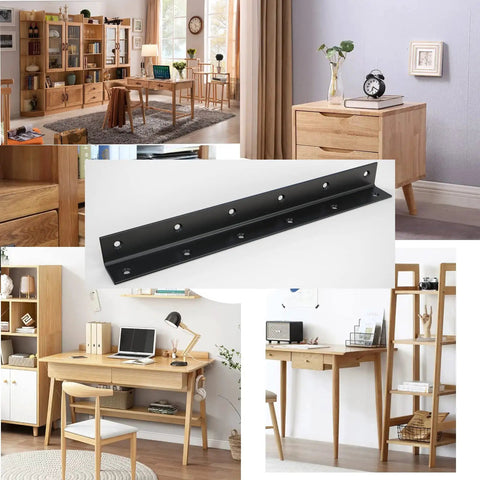 Heavy Duty Stainless Steel L Bracket Corner Brace For Wood Black Large Angle Brackets With 90 Degree Joint And Countersunk Screw Holes Set Of 4 11x1x1 Inches displayed in a collage with wooden furniture.