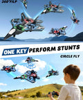Boy using kids drone for remote control plane with LED lights, easy to fly airplane for boys and girls, 360 degree flips