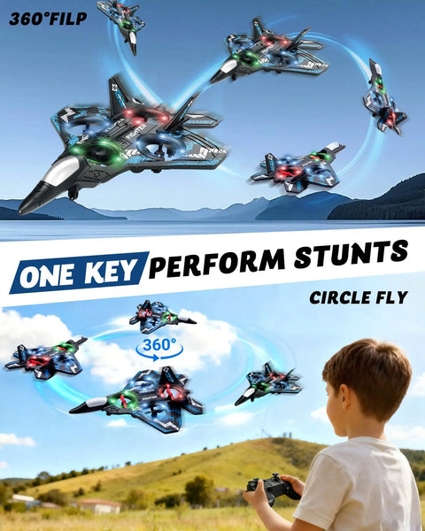 Kids RC Drone For Beginners performing 360 degree flips and stunts with gravity sensing, remote control in child's hand.