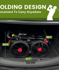 Ultralight Aluminum Golf Push Cart With Quick Snap One Click Fold Design And Large Ten Inch All Terrain Wheels That Glide Hella Smooth On Any Clubhouse Course folded in trunk showing dimensions.