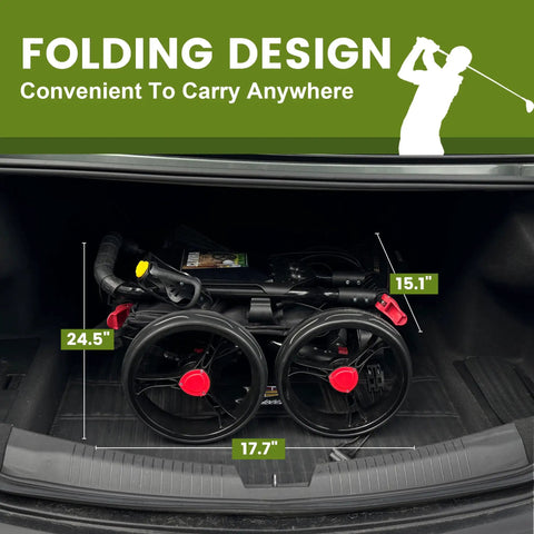 Ultralight Aluminum Golf Push Cart With Quick Snap One Click Fold Design And Large Ten Inch All Terrain Wheels That Glide Hella Smooth On Any Clubhouse Course folded in trunk showing dimensions.