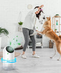 Woman playing with dog indoors next to air purifier 2 Pack HEPA Replacement Filters For Fillo Halo Mooka Allo Air Purifiers