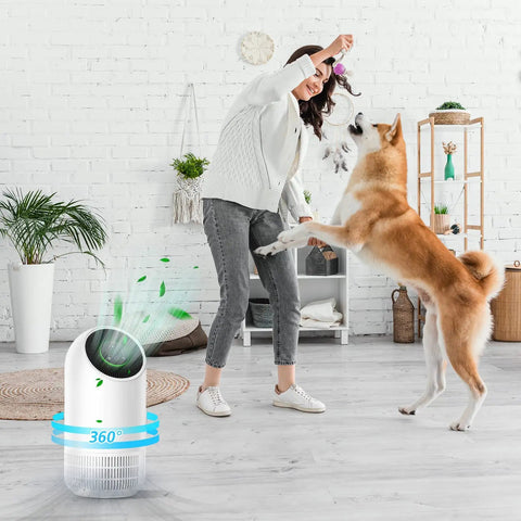 Woman playing with dog indoors next to air purifier 2 Pack HEPA Replacement Filters For Fillo Halo Mooka Allo Air Purifiers