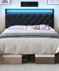 Modern Full Size Bed Frame With App Controlled LED Lights And Built In Dual USB Ports, Padded PU Leather Headboard with USB ports.