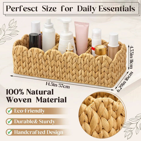 Two Pack Toilet Tank Basket Set With Scalloped Wicker And Three Compartments, hand woven water hyacinth basket with bottles