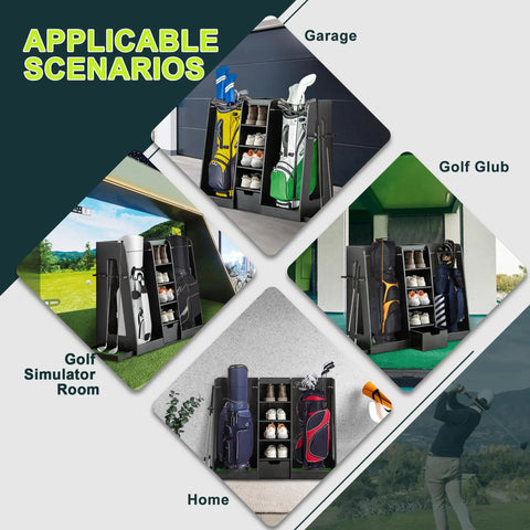 Wooden Golf Bag Organizer And Storage Cabinet For Two Bags With Drawers And Side Club Holders Keeps 12 Clubs Shoes Balls And Gear Neatly In A Modern Black Wood Cabinet For Home Garage Or Clubhouse in multiple locations.