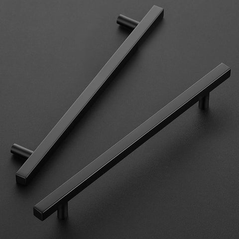 5 Pack 10 Inch Matte Black Square Cabinet Pulls Stainless Steel Kitchen Cupboard Dresser Handles on black surface