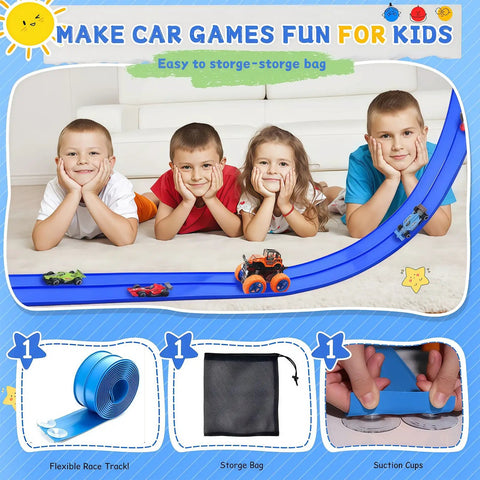 Children playing with Flexible Race Track For Kids 16 Ft Bendable Car Ramp Track Set With 16 Suction Cups, includes storage bag.