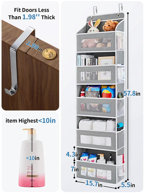 Heavy Duty Over The Door Storage Organizer With Five Tier Shelves For Bedroom Pantry Bathroom Rock Solid Swing Proof Design shown with dimensions.
