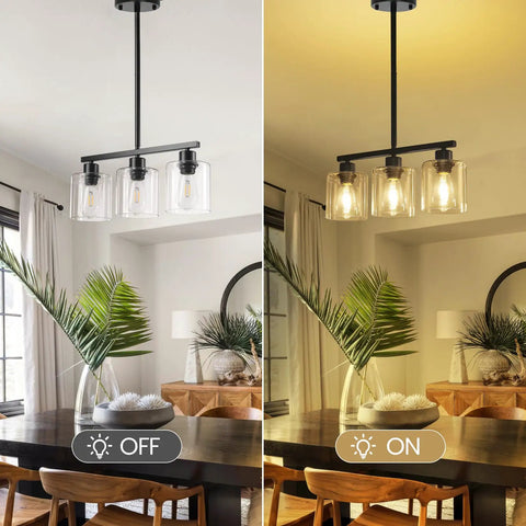 Sleek Black Three Light Kitchen Island Pendant Lamps Using Dimmable E26 Base showcasing clear glass shades with light off and on.