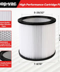 Cartridge Filter And Foam Sleeve Set For Most 5 Gallon And Larger Wet Dry Vacuums Includes Brush Tool Replacement Parts 9058500 9030400 9034400 3 Pieces showing measurements and design details.