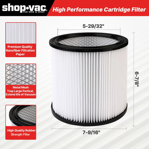 Cartridge Filter And Foam Sleeve Set For Most 5 Gallon And Larger Wet Dry Vacuums Includes Brush Tool Replacement Parts 9058500 9030400 9034400 3 Pieces showing measurements and design details.