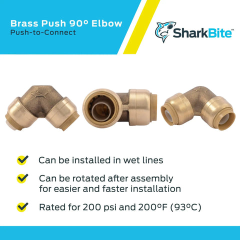 Image showing Brass Push To Connect One Half Inch 90 Degree Elbow Fitting For PEX Copper CPVC PE RT HDPE Plumbing Works Pack Of Twelve