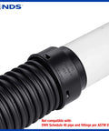 Close-up of HDPE Corrugated Adapter 4 Inch Spigot to 4 Inch Corrugated Hub Connection attached to drain pipe with branding visible