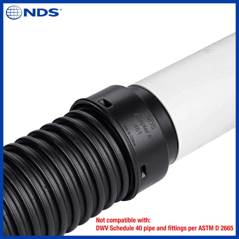 Close-up of HDPE Corrugated Adapter 4 Inch Spigot to 4 Inch Corrugated Hub Connection attached to drain pipe with branding visible