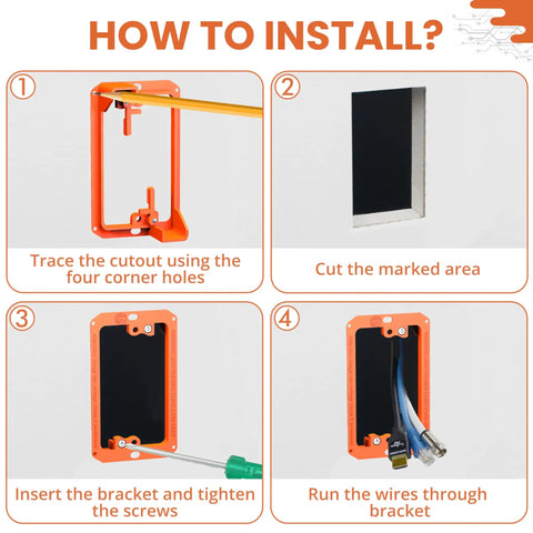 Installation steps for Low Voltage Mounting Bracket 1 Gang Pack Of 12 For Single Gang Wall Plate Install Hassle Free Setup For Phone Lines Ethernet Cables HDMI Coax And Speaker Cables Includes Built In Cutout Template And Corner Mark Holes.