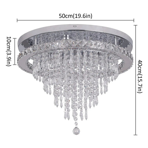 Crystal Chandelier LED Ceiling Light 19.6 Inch Flush Mount Fixture For Living Room Bedroom Kitchen Dining Room Cool White Glow Lit Modern Sparkling Decor Accent, showcasing dimensions and crystal detailing