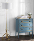 Elisa Baroque 60 Inch Antique Gold Floor Lamp With LED Bulb Included beside blue dresser, farmhouse style setting.