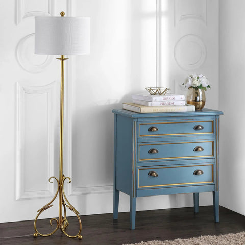 Elisa Baroque 60 Inch Antique Gold Floor Lamp With LED Bulb Included beside blue dresser, farmhouse style setting.