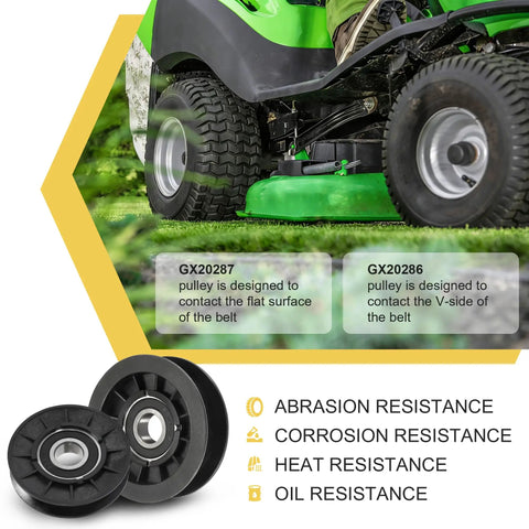 Idler Pulley And Drive Belt Kit For Mower Decks GX20006 GX20286 GX20287 Fits L100 L110 L120 L130, showing pulleys and mower.