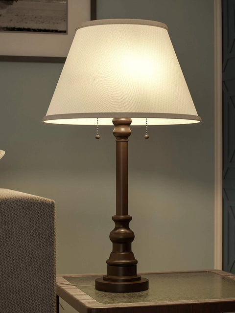 Spyglass Table Lamp With Bronze Finish, Dual Pull Chains, White Linen Shade, Retro Modern Luxe Vibe, Classic Mid Century Style