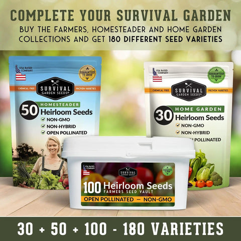 Display of three packages from Survival Garden Seeds, totaling 180 different heirloom, non-GMO seed varieties.