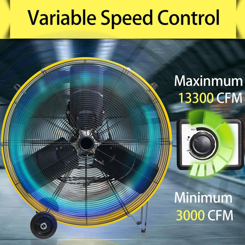 Top Shelf 30 Inch High Velocity Drum Fan Delivers Rock Solid 13300 CFM Cooling with variable speed control graphic.