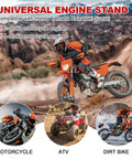 Rider on motorcycle with text about universal engine stand compatibility; circular images of motorcycle, ATV, dirt bike below.