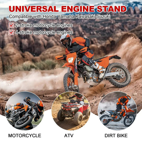 Rider on motorcycle with text about universal engine stand compatibility; circular images of motorcycle, ATV, dirt bike below.
