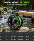 Complete Fly Fishing Gear Kit With Four Piece Rod And Pre Spool Reel Includes Twelve Flies Leader Nippers Forceps Zinger Carrying Case And An Extra Tip For A Ready To Fish Setup; close-up of reel and rod by stream with specs table.