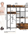 Super Handy 4 Tier Fridge Stand With Storage Shelves And Rolling Drawer showing dimensions and weight capacity next to a person.