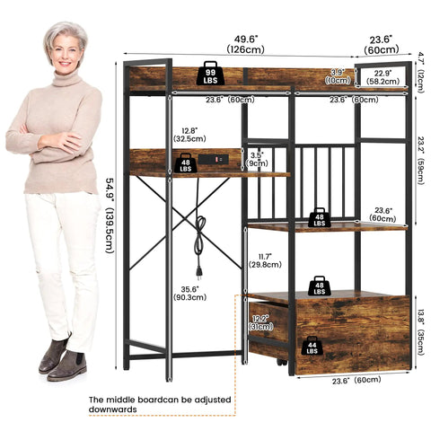 Super Handy 4 Tier Fridge Stand With Storage Shelves And Rolling Drawer showing dimensions and weight capacity next to a person.