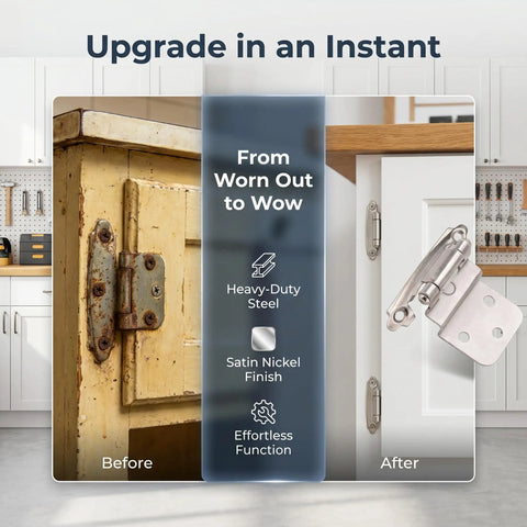Top Shelf 3 8 Inch Inset Cabinet Hinges Satin Nickel Self Closing Semi Concealed Face Mount Kitchen Hardware With Screws Bulk 25 Pairs Built Different Smooth Operation before and after upgrade with heavy-duty steel hinges.