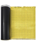 Heavy Duty Three In One Floor Underlayment Two Hundred Sq Ft Roll With Built In Tape And Vapor Barrier Three Mm Thick Epe Foam Gold Coating showing rolled edge and grid pattern