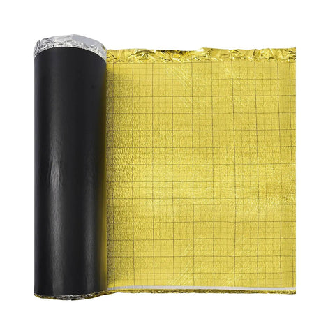 Heavy Duty Three In One Floor Underlayment Two Hundred Sq Ft Roll With Built In Tape And Vapor Barrier Three Mm Thick Epe Foam Gold Coating showing rolled edge and grid pattern