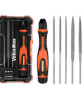 7 Piece Interchangeable Needle File Set With Flat Warding Round Half Round Square And Triangular Files Plus A Handle For Shaping Metal Wood Jewelry And Plastic Ideal For DIYers Hobbyists And Pros shown in case with handle.