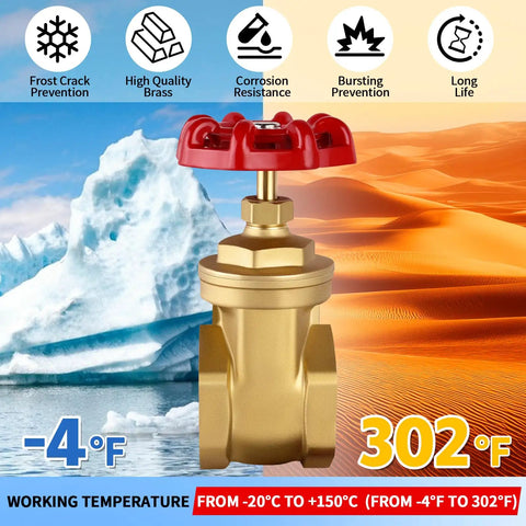 1 Inch NPT Brass Gate Valve, 200 WOG Manual Rotary Sluice Valve With Wheel Handle, temperature range -4°F to 302°F