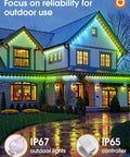 48Ft Smart Outdoor LED String Lights For Patio And Yard illuminating house exterior in rain, showcasing shatterproof bulbs