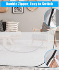 Ultra Portable Pop Up Mosquito Tent For Camping And Travel Easy Foldable Mesh Net showing double zipper in a living room setting.