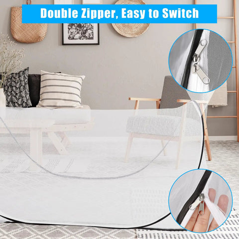 Ultra Portable Pop Up Mosquito Tent For Camping And Travel Easy Foldable Mesh Net showing double zipper in a living room setting.