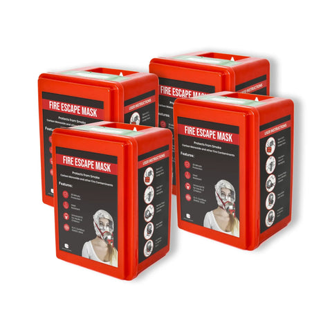 Four red boxes of Fire Emergency Escape Mask And Hood For Smoke And Carbon Monoxide Protection, 30 Minute Respirator Shield During Fire Evacuations
