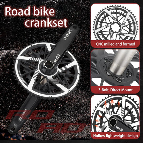 Road Bike Crankset 170mm Direct Mounted Hollow One Piece Double Disc For 9 10 11 12 Speed Available With 50 34T, 52 36T, And 53 39T Chainrings Delivers Stiff Power Transfer For Fast Roadie Rides. CNC milled design with 3-bolt direct mount.