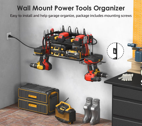 Kick Up Your Garage Game With This Rock Solid Heavy Duty Wall Mount Rack For Power Tool Battery Organizer Featuring An Embedded Eight Outlet Power Strip Black