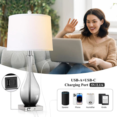 Set Of 2 Dope Modern Glass Table Lamps With Touch Control 3 Way Dimmable Brown Gradient Base For Living Room And Nightstand USB C And USB A Charging Ports 27 Inch Bedside Desk Lamps For Stylish Home Decor